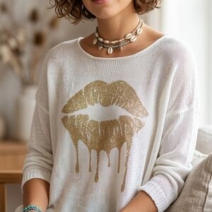 Wooden Ships White Lightweight Knit Sweater Gold Glitter Drip Lips Pullover M/L